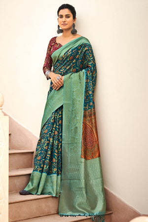 Dark Forest Green Digital Print Saree