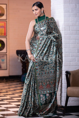 Dark Green Ajrakh Saree