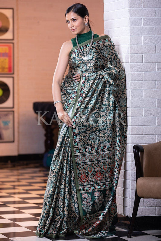 Digital Print Saree Dark Green Ajrakh Saree saree online