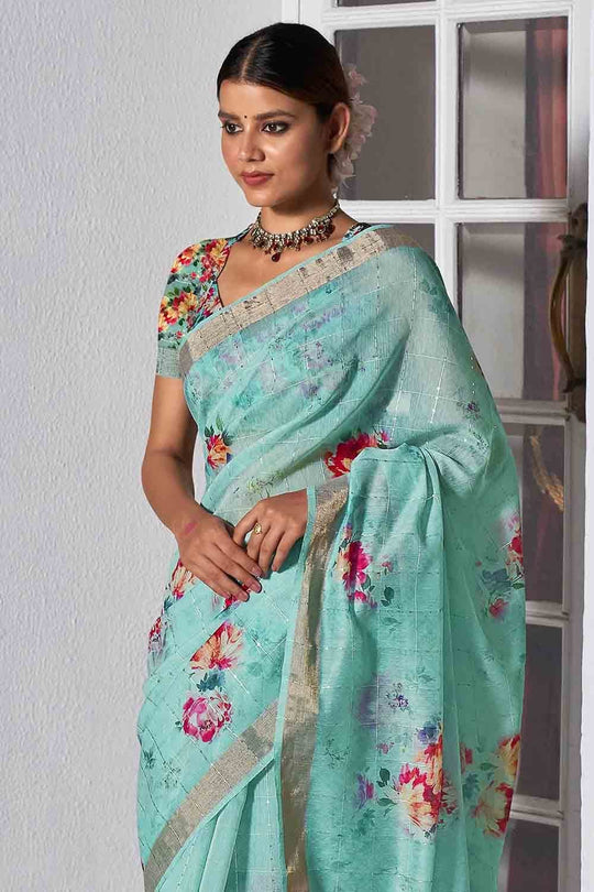 Digital Print Saree Deep Sky Blue Digital Print Saree saree online