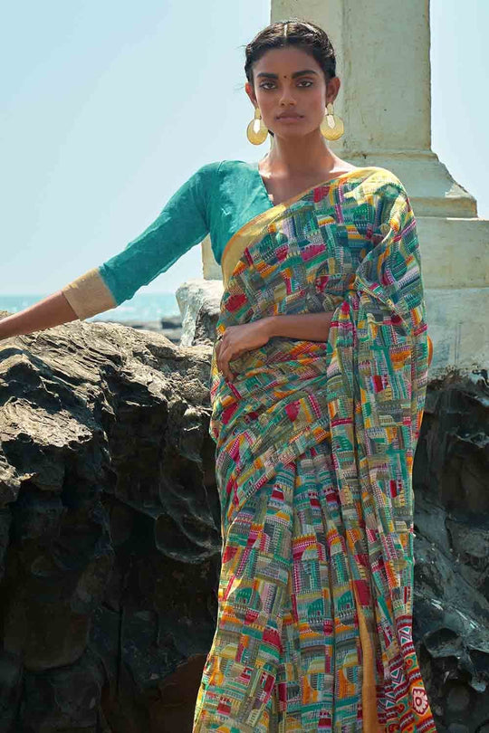 Digital Print Saree Deep Sky Blue Digital Print Saree saree online