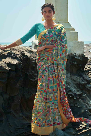 Deep Sky Blue Digital Print Saree
