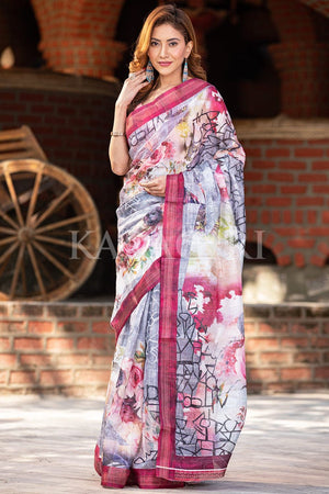 Grey Red Digital Printed Saree