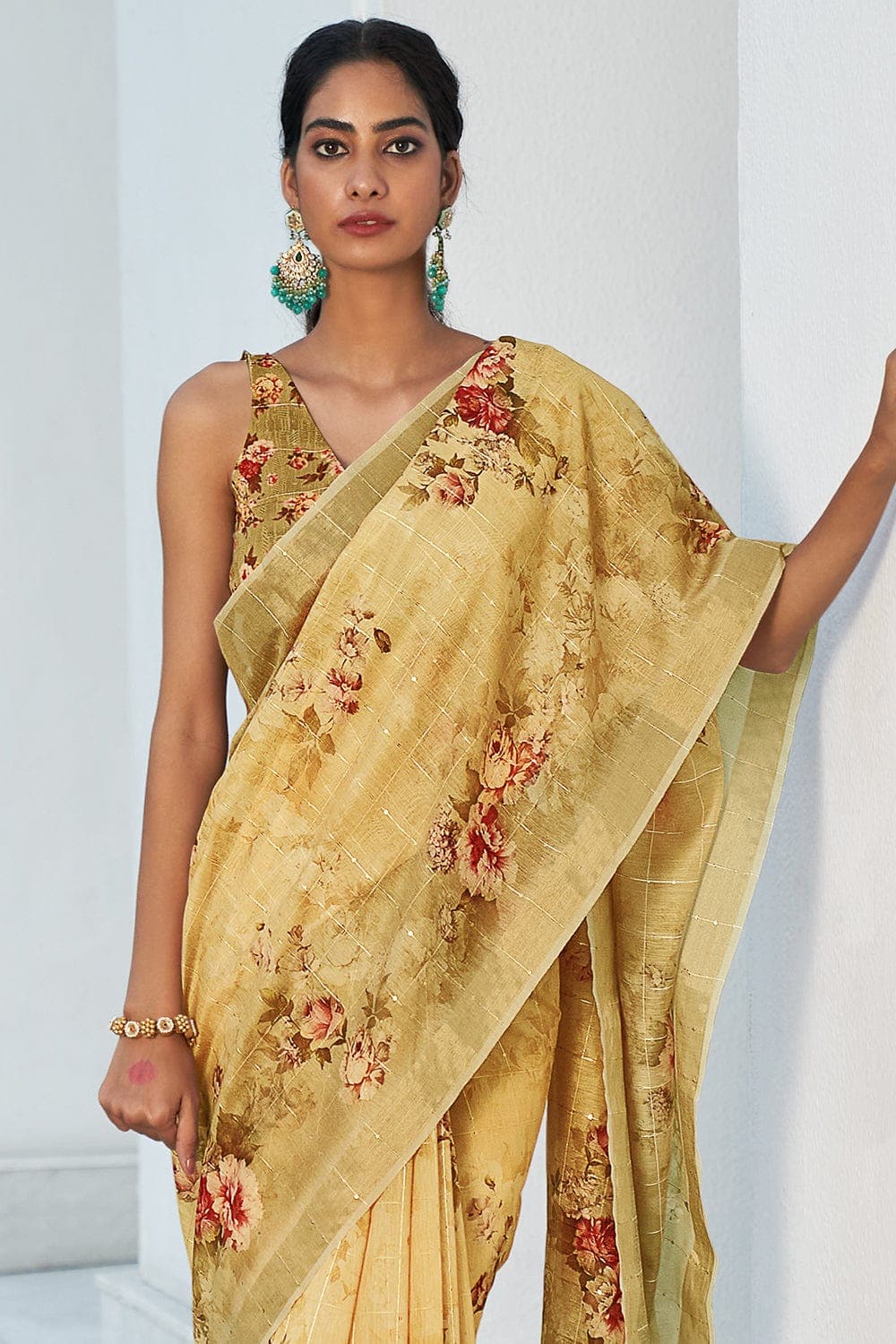 Buy Lemon Yellow Linen Saree online-Karagiri