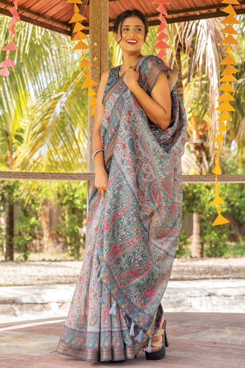grey digital print saree