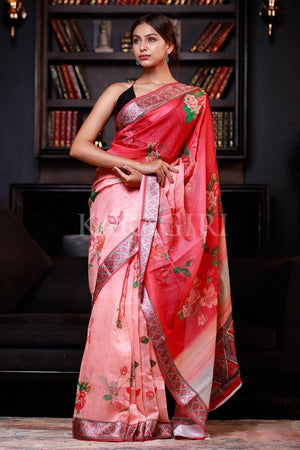 Primrose Pink Digital Printed Cotton Linen Saree