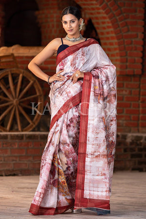 Red White Digital Printed Saree