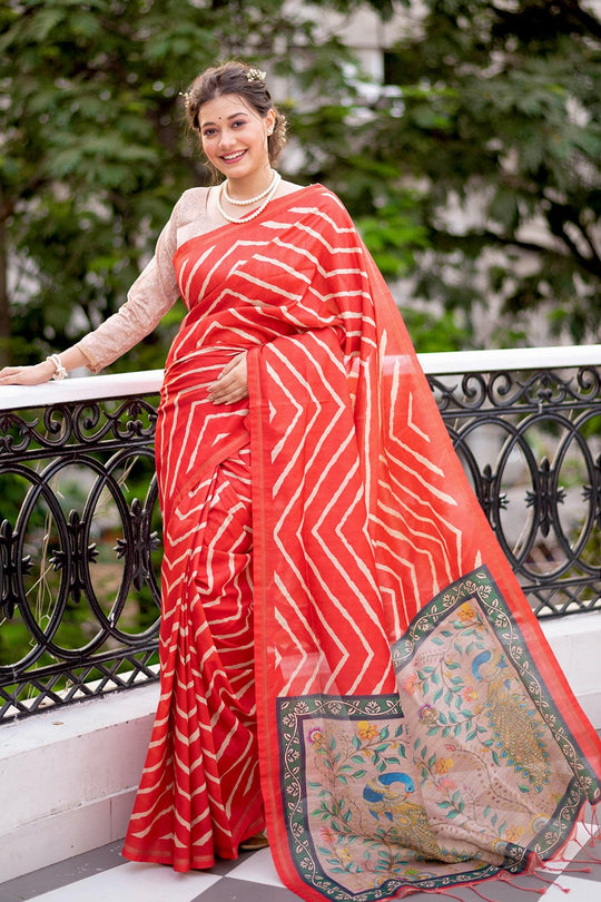 red digital print saree