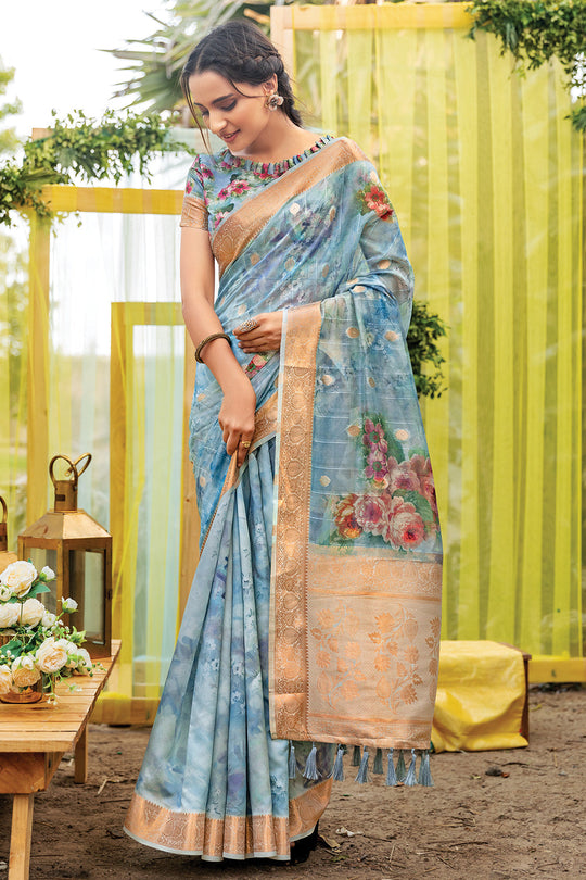 blue digital print saree
