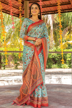 Sky Blue Digital Print Saree