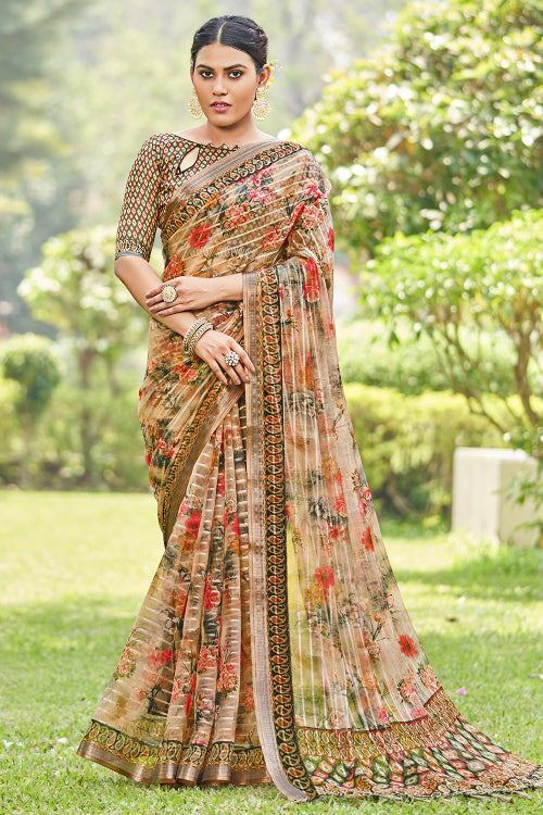 beige digital print saree