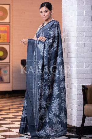 Teal Blue Kantha Digital Print Saree