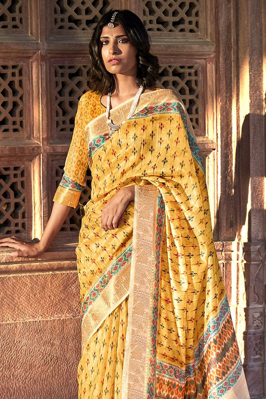 yellow digital print saree