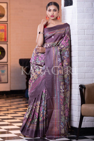 Hickory Brown Kantha Digital Print Saree