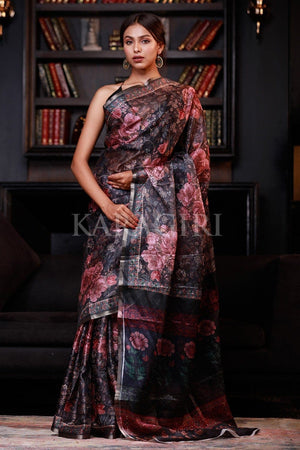 Warm Black Digital Printed Cotton Linen Saree