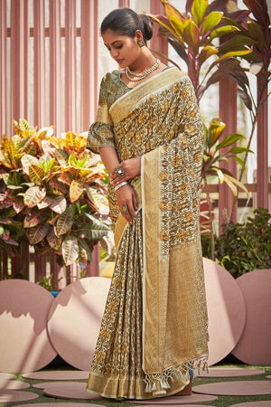 White Green Dual Tone Digital Print Saree
