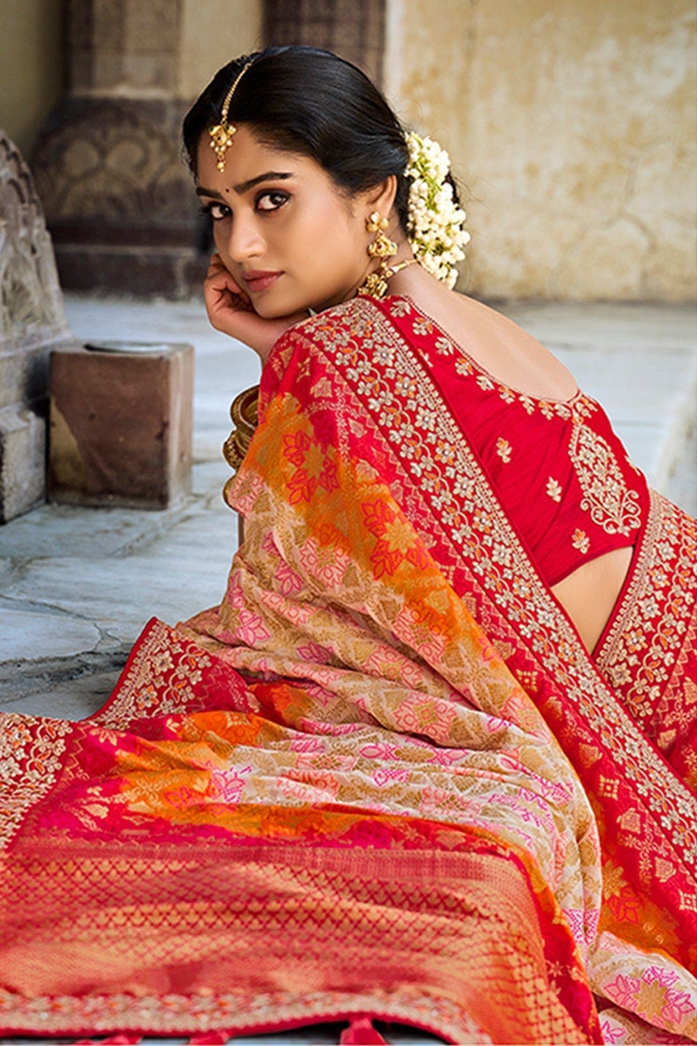 White and deals red bridal saree