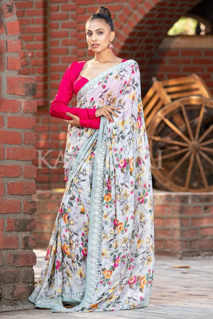 Gray Floral Print Saree