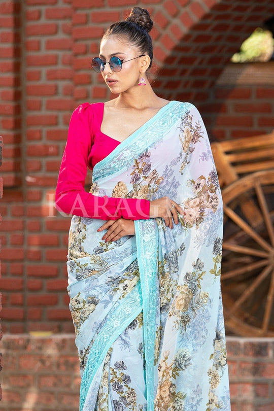 Floral Print Saree Light Blue Floral Print Saree saree online