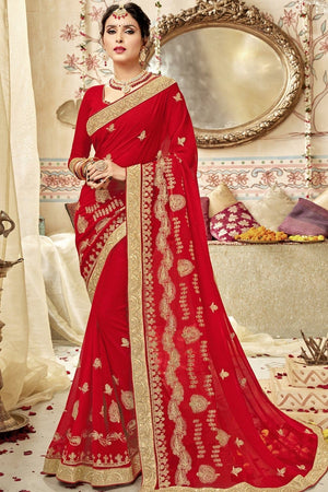 Apple Red Embroidered Georgette Saree