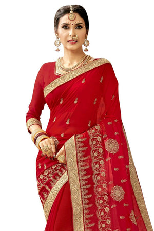 Apple Red Embroidered Georgette Saree