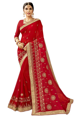 Georgette Saree Apple Red Embroidered Georgette Saree saree online