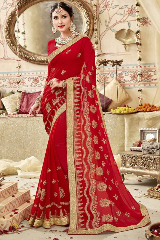 Georgette Saree Apple Red Embroidered Georgette Saree saree online