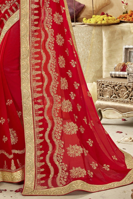 Georgette Saree Apple Red Embroidered Georgette Saree saree online