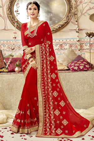 Apple Red Embroidered Georgette Saree