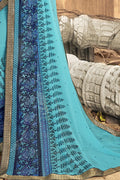 Cadet Blue Stone Work Printed Georgette Saree