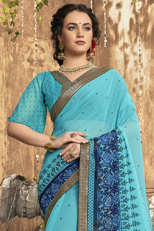 Cadet Blue Stone Work Printed Georgette Saree