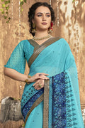 Cadet Blue Stone Work Printed Georgette Saree