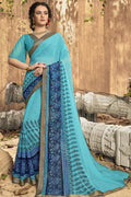 Cadet Blue Stone Work Printed Georgette Saree