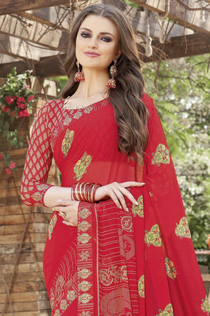 Chili Red Printed Georgette Saree