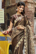 Coffee Brown Embroidered Party Wear Georgette Saree