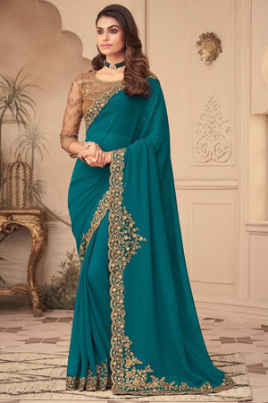 French Blue Georgette Saree