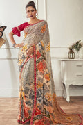 Lace White Printed Georgette Saree