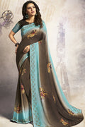 Light Walnut Brown Printed Georgette Saree
