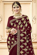 Mahogany Red Embroidered Georgette Saree