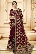 Mahogany Red Embroidered Georgette Saree