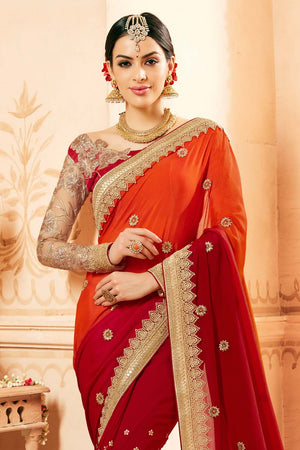Multicolour Red And Orange Embroidered Georgette Saree