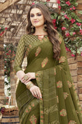Olive Green Printed Georgette Saree