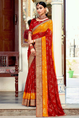 Red Yellow Dual Tone Georgette Saree