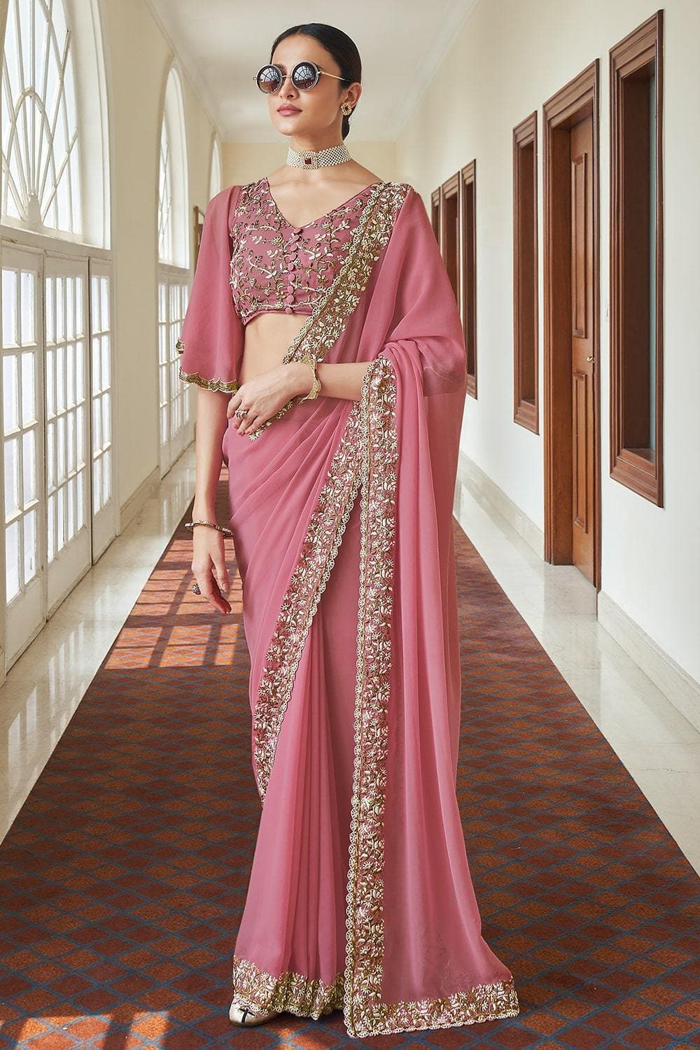 Beauteous Pink Fancy Fabric Based Kajal Agrawal Saree Design – FOURMATCHING