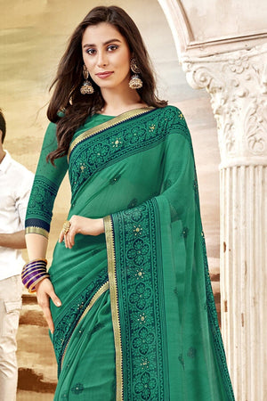 Sea Green Stone Work Printed Georgette Saree