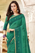 Sea Green Stone Work Printed Georgette Saree