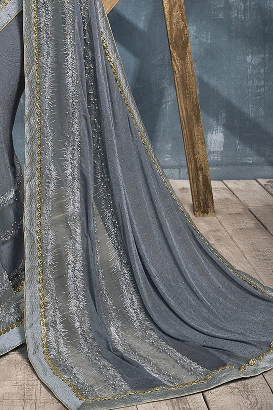Steel Grey Embroidery & Stone Work Party Wear Georgette Saree