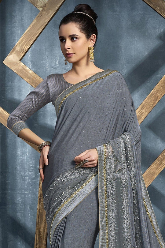 Steel Grey Embroidery & Stone Work Party Wear Georgette Saree
