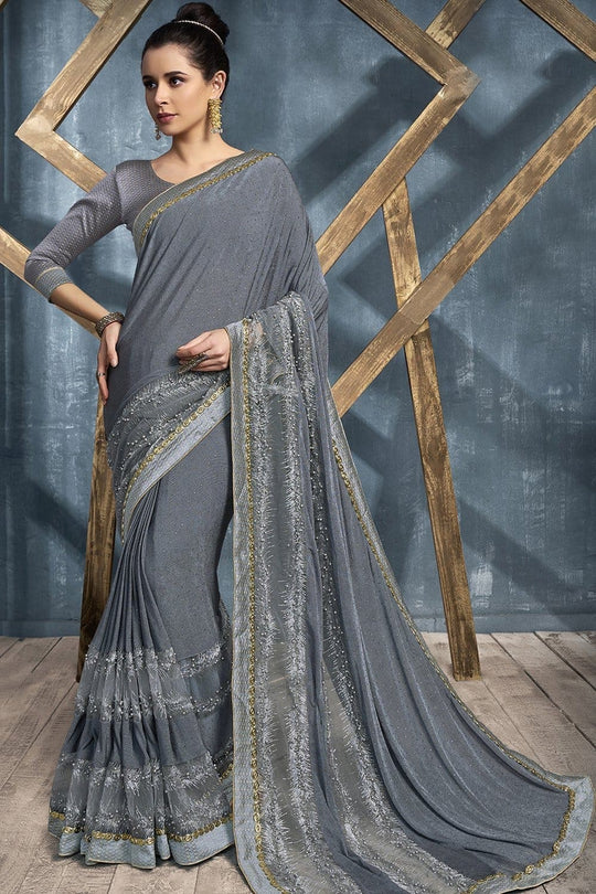 Steel Grey Embroidery & Stone Work Party Wear Georgette Saree