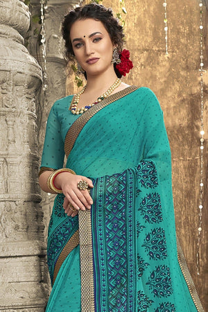 Turquoise Blue Stone Work Printed Georgette Saree